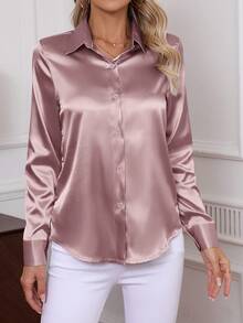 Camicia elegante in twill per taglie forti, blusa a maniche lunghe con bottoni singoli, in colore tinta unita morbida e confortevole, nuovo abbigliamento donna taglie forti autunno/inverno 2025 - Rosa antico - Visualizzare 5