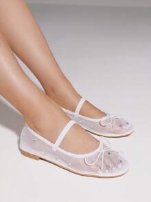 Women's Mule Flats Shiny Elastic And Bow Rhinestone Casual Mary Jane Ballet Shoes Party Date Flats - 白色 - 查看 3