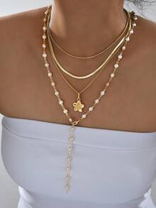 4 chiếc vòng cổ hình chữ Y đính ngọc trai giả hoa thanh lịch, đa năng dành cho nữ, thích hợp cho kỳ nghỉ, tiệc tùng, sinh nhật, Giáng sinh, đeo hàng ngày - Vàng - Xem 3