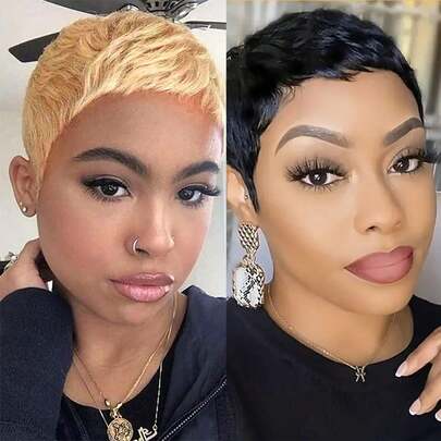 Pixie Cut Wig Human Hair Glueless Short Pixie Wigs For Women Straight None Lace Front Wigs With Bangs For Daily Use Full Machine Made Wigs Throw On And Go Wig