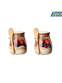 11.96盎司玻璃杯，隔夜燕麦杯套装（1/2/3/4件装），沙拉碗，燕麦片容器，燕麦杯，带盖勺子备餐容器，奇亚籽、布丁、酸奶玻璃罐 - 彩色 - 查看 4