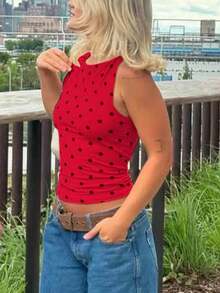 Women's Y2k Polka Dot Tank  Top Sleeveless Round Neck Slim Fit Vest Crop Tops Summer Basic Going Out Tops Tee Party Streetwear - 紅色 - 查看 4