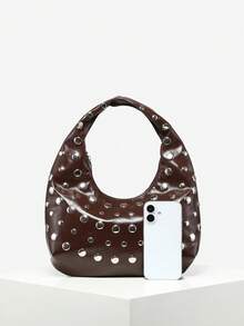 1pc Women's Retro Punk Boho Style Ocean Decor Beach Bag, Crocheted Rivet Oiled Leather Large Capacity Shoulder Satchel, Suitable For Outings, Parties, And Daily Wear - Brown - View 4