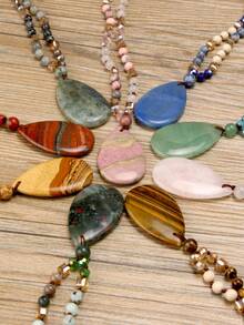 Dây chuyền thắt nút thủ công 108 hạt đá Aventurine, Rhodochrosite, Sodalite & Labradorite với mặt dây chuyền hình giọt nước lớn, trang sức đá tự nhiên phong cách Bohemian, món quà đặc biệt cho năm mới. - Nhiều màu - Xem 3