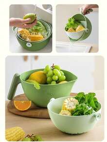 1pc Upgraded Double-Layer Rotating Salad Vegetable Fruit Washing Basket - One-Handed Operation, Rotating Washing & Draining Basket With Strainer Bowl - Multicolor - View 6