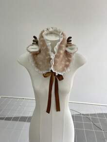 Chapéu de Pelúcia Fofo de Estilo Florestal de 1 Peça para Mulheres, com Chifres Simulados 3D de Alce e Orelhas Adoráveis, Acabamento Delicado de Renda, Boêmio Retrô Vintage Elegante e Moda de Rua, Material de Pele Sintética Macia, Faixa de Proteção para Ouvidos Grossa e Quente para Uso Diário em Casa, Lazer, Casual ao Ar Livre, Outono e Inverno