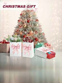 6/12/20 Stücke rosa Schleifen Geschenktüten aus Papier, geeignet für Geburtstage von Frauen, Weihnachtspartys, Süßigkeitentüten mit Griffen, passend für Braut-Verlobungspartyzubehör, Geschenk-Süßigkeitentüten (weiß, große Schleife)