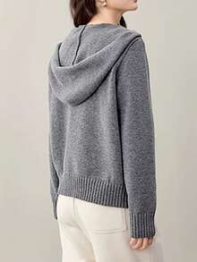 Plain Ribbed Zip-Up Casual Hooded Cardigan - Grey - View 5