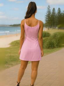 Women's Tailored Dress With Elegant Belt - Short Modern S M L For Party And Evening, Outing - Hồng - Xem 2