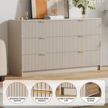 BVFUKA 6 Drawer Dresser For Bedroom, 55" Wide Modern Chest Of Drawers With Gold Metal Handles, Fluted Wood Clothes Storage Organizer & Cabinet For Living Room, Hallway(Beige) - 米色 - 查看 4