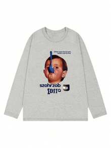 女士宽松卡通印花长袖棉质T恤，百搭春秋装 - 淺花灰 - 查看 4