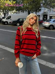 Christmas HoloChill Women Young Influencer Casual Style Colorblock Striped Crew Neck Pullover Knit Sweater, Autumn/Winter 2025 New Year