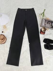 Black Leather Pants For Women High Waisted Stretch Faux PU Coated Slant Pocket Legging Skinny Straight Leg Sexy Tights Trousers Business Casual Work Outfits Spring/Fall Clothes Halloween Costumes - Black - View 6