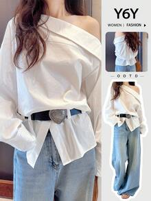Y6Y 不对称肩部不对称长袖白色秋季女式休闲不对称肩部上衣衬衫设计 - 白色 - 查看 4