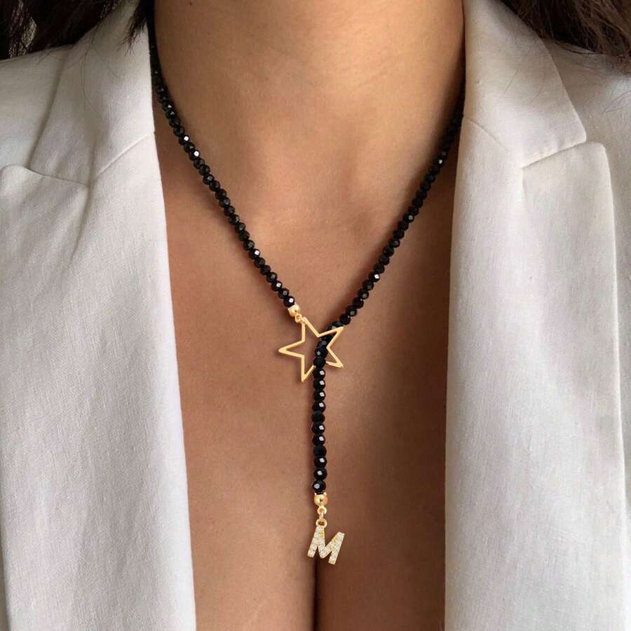 1pc Gold Letter & Star Crystal Beaded Necklace (For Women) - Golden Stars - View 1