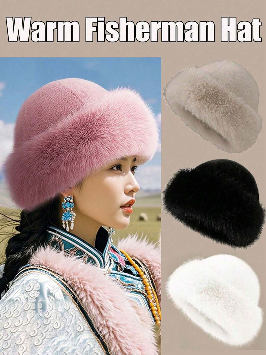 1 peça de chapéu mongol de pelúcia, chapéu grosso e quente para outono e inverno, chapéu tipo balde com proteção auricular em imitação de pele de vison, feito de fibra de poliéster, adequado para mulheres, com várias combinações de cores para escolher. Este é um chapéu tipo balde multifuncional, casual e simples, quente, à prova de vento, frio, macio e confortável, adequado para viagens ao ar livre, ciclismo, compras diárias, atividades de pesca e escalada.