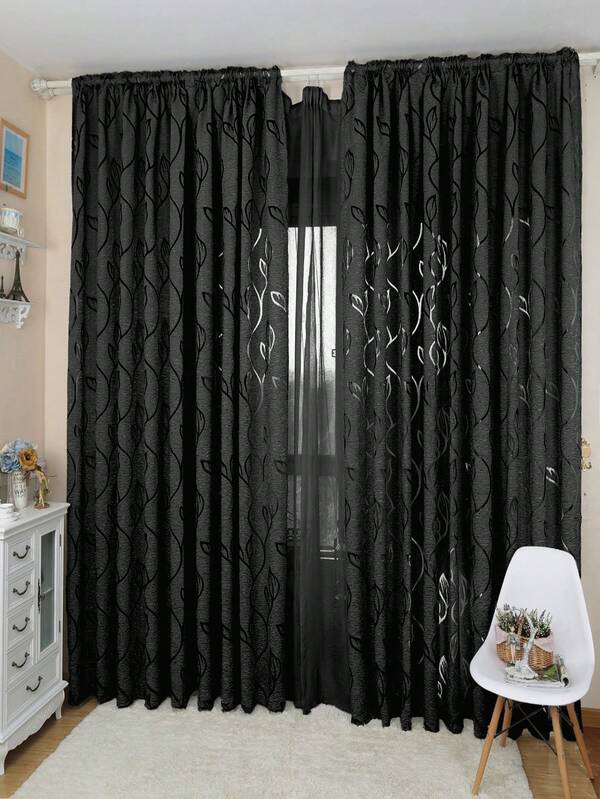 1pc Gray Cutout Leaf Sheer Curtain, 100% Polyester Cutout Vine Leaf Sheer Curtain For Living Room, Bedroom, Balcony And Kitchen - Coffee Color Delicate Hollow Out Embroidered Window Curtain Decor