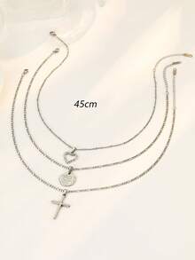 3pcs Stainless Steel Silver Cross, Evil Eye And Hollow Heart Pendant Necklace Set, Fashionable For Daily Decoration