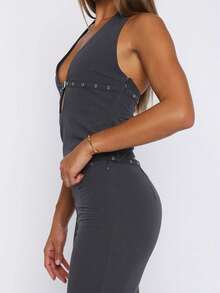 Womens Halter Tank Tops Summer Fashion Zipper Side Cut Out Sleeveless Backless Workout Clothes 2025 - 灰色 - 查看 2