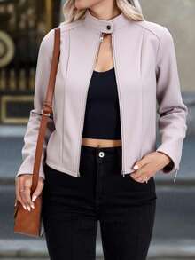 Chamarra invierno dama mujer corte corto tejido polar textura suave caliente calientito botones bolsillos manga larga cuello camisero recto casual día noche festival comida cena calle otoño invierno - Taupe - Ver 4