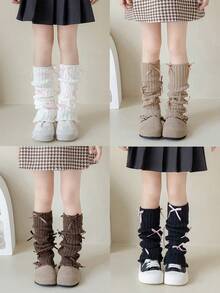 4 双女童蝴蝶结针织暖腿袜可爱长袜 - 彩色 - 查看 8