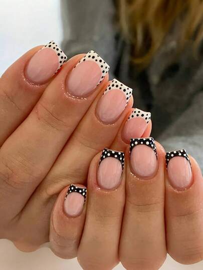 24pcs/Set Minimalist Square Black & White Polka Dot French Manicure Nail Stickers, Suitable For Personalized Girls, OL, Parties, Dates, Daily Wear And Holidays Nails Nail Supplies