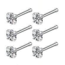 4pcs Stainless Steel Oxidized Cubic Zirconia Nose Studs, L-Shaped Nose Rings, Round CZ Nose Hoop Set