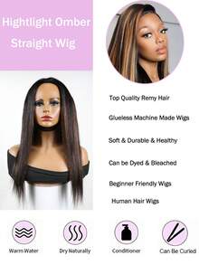 高光半假发，直发，真人发，翻转抽绳假发，女士款，150%密度，#1B/30色号。另附5顶丝绸睡帽供您选择（3顶黑色睡帽+2顶粉色睡帽）。