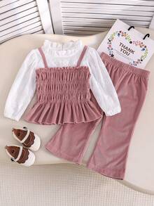 女婴秋季服装蕾丝花边圆领泡泡袖二合一T恤和裤子套装 - 藕粉色 - 查看 1