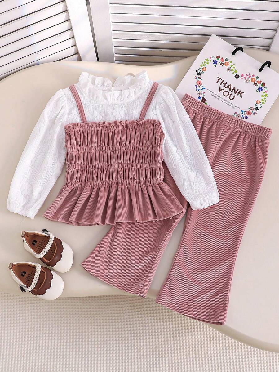 女婴秋季服装蕾丝花边圆领泡泡袖二合一T恤和裤子套装 - 藕粉色 - 查看 1