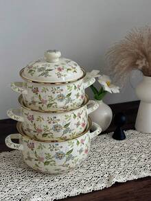 1 zestaw garnków emaliowanych z kwiatami – dwuuchwytowe garnki emaliowane do zupy z ceramicznymi pokrywkami, duża pojemność do użytku domowego, odpowiednie na każdą porę roku, odpowiednie do kuchenek gazowych i indukcyjnych, można używać w kominkach i paleniskach, wielofunkcyjne (można trzymać w ręku do gotowania, zup, gulaszów) – idealne na prezent dla przyjaciół i rodziny