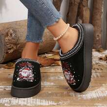 Cold Weather Slippers Women Anti Slip Furry Lined Short Ankle Boots Comfy Shoes For Indoor Outdoor Fall Winter - Giáng sinh đen - Xem 7