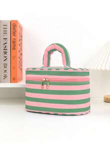 1pc Striped Portable Cosmetic Bag With Handle, Large Capacity Travel Toiletry Organizer With Zipper Closure, Cute Makeup Bag For Women And Girls With Compartments, Travel Cosmetic Bag With Zippered Mesh Pocket And Adjustable Dividers Toiletry Bag, Perfect For Daily Use, Dorm Or Holiday Travel Make Up Bag - Multicolor - View 11