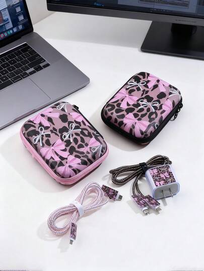 6pcs Leopard Bowknot Cable Protector Set, Cable Organizer Bag, Digital Accessories Storage Box, Anti-Drop Zipper Pouch, Compatible With 20W Fast Charger