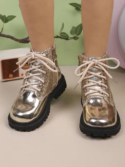 1 Pair Children's Fashion Boots, Solid Color Shiny Boots, Fashionable For Girls Street Style, Suitable For Performance, Outdoor Play, Autumn/Winter