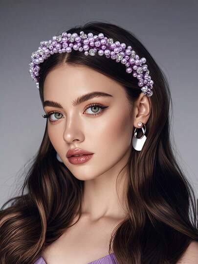 1pc Elegant & Gentle Purple Pearl Headband, Decorated With Rhinestones, Emitting Sweet & Sparkling Elegant, Suitable For Bridal, Bridesmaid, Graduation, Party, Photography And Other Occasions As Fairy Hair Accessory