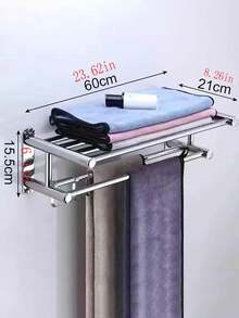 1pc 50cm Thickened 304 Stainless Steel Hotel Home Bathroom Towel Rack, Bath Towel Holder, Bathroom Towel Storage Rack, Drill-Free And Drill-Mount Dual-Use Bathroom Hardware Wall-Mounted Toilet Towel Rack, Double-Layer Bathroom Towel Rack With Hooks, Suitable For Bathroom Storage Organizer. Rust-Proof SUS304 Stainless Steel Towel Rack, Wall-Mounted Double-Layer Towel Rack, Suitable For Shower Room Bathroom. Double-Layer Bathroom Towel Rack With Storage Shelf - Silver - View 6