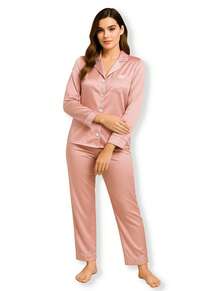 Conjunto Pijama De Mujer Satin 2 Piezas Fresca Y Comoda - Rosa - Ver 3