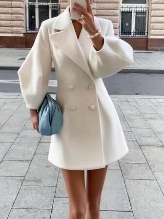 SuofeiMan 女士优雅白色双排扣翻领大衣，灯笼袖，喇叭下摆，常规长度，无弹力面料