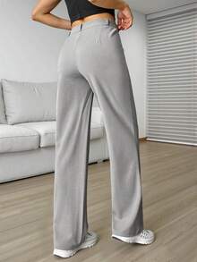 Pantalones largos casuales grises de pierna ancha para mujer con botones y cremallera. Tejido ligeramente elástico. - Gris - Ver 2