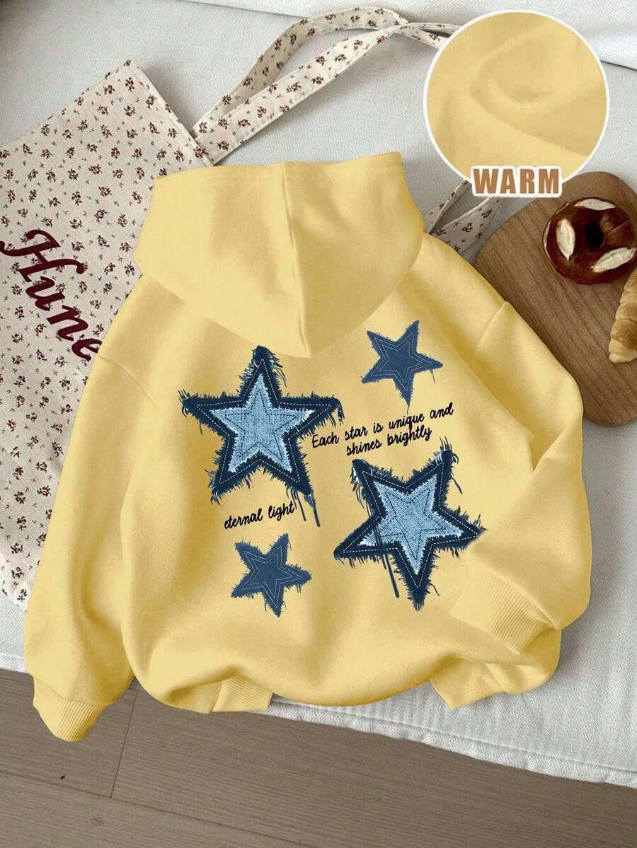 1pc Casual Star Print Sweatshirt, Suitable For Tween Girls, Thick Thermal Lined Design For Autumn/Winter Student Wear - Fun And Cool Star Pattern Sweatshirt, Showcasing The Joy Of Childhood! - Yellow - View 1