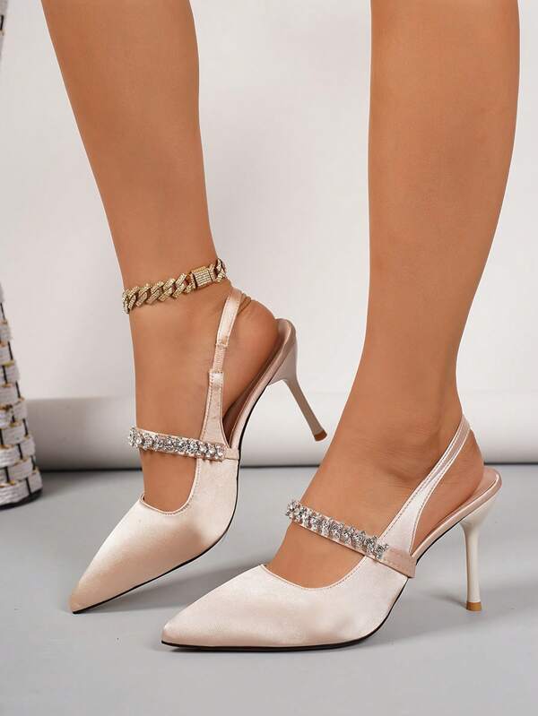 Women Fashion Pointed Toe Slip On Rhinestone Hollow Out Stiletto High Heel Sandals