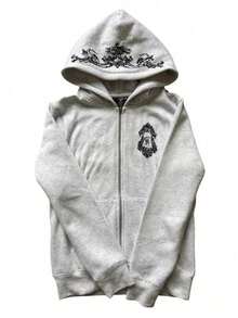 Zipper Hooded Sweater Neutral Geometric Pattern Street Fashion Personality Foreign Trade New Loose Hoodie - 灰色 - 查看 1