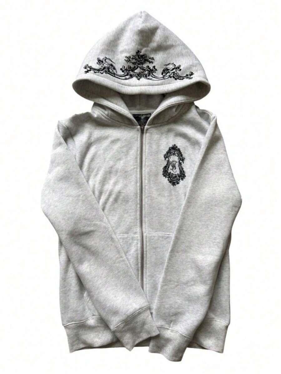 Zipper Hooded Sweater Neutral Geometric Pattern Street Fashion Personality Foreign Trade New Loose Hoodie - 灰色 - 查看 1