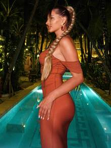 CurvySweet Elegant Khaki Ruched Off-Shoulder Mermaid Maxi Gown With Built-In Bra And Boning Detail, Perfect For Night Out, Cocktail, Wedding Guest, Birthday, Anniversary, Formal Dinner, Vacation - 駝色 - 查看 5