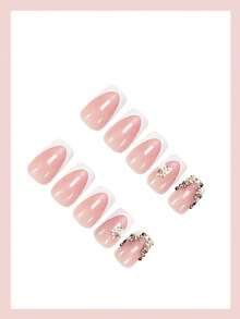 24pcs Rectangle Press-On Nails, White French Manicure With Rhinestone Decor, Elegant Full Coverage, Suitable For Women & Girls Summer Nails, Daily Wear, Nail Art Supplies - 白色 2 - 查看 9