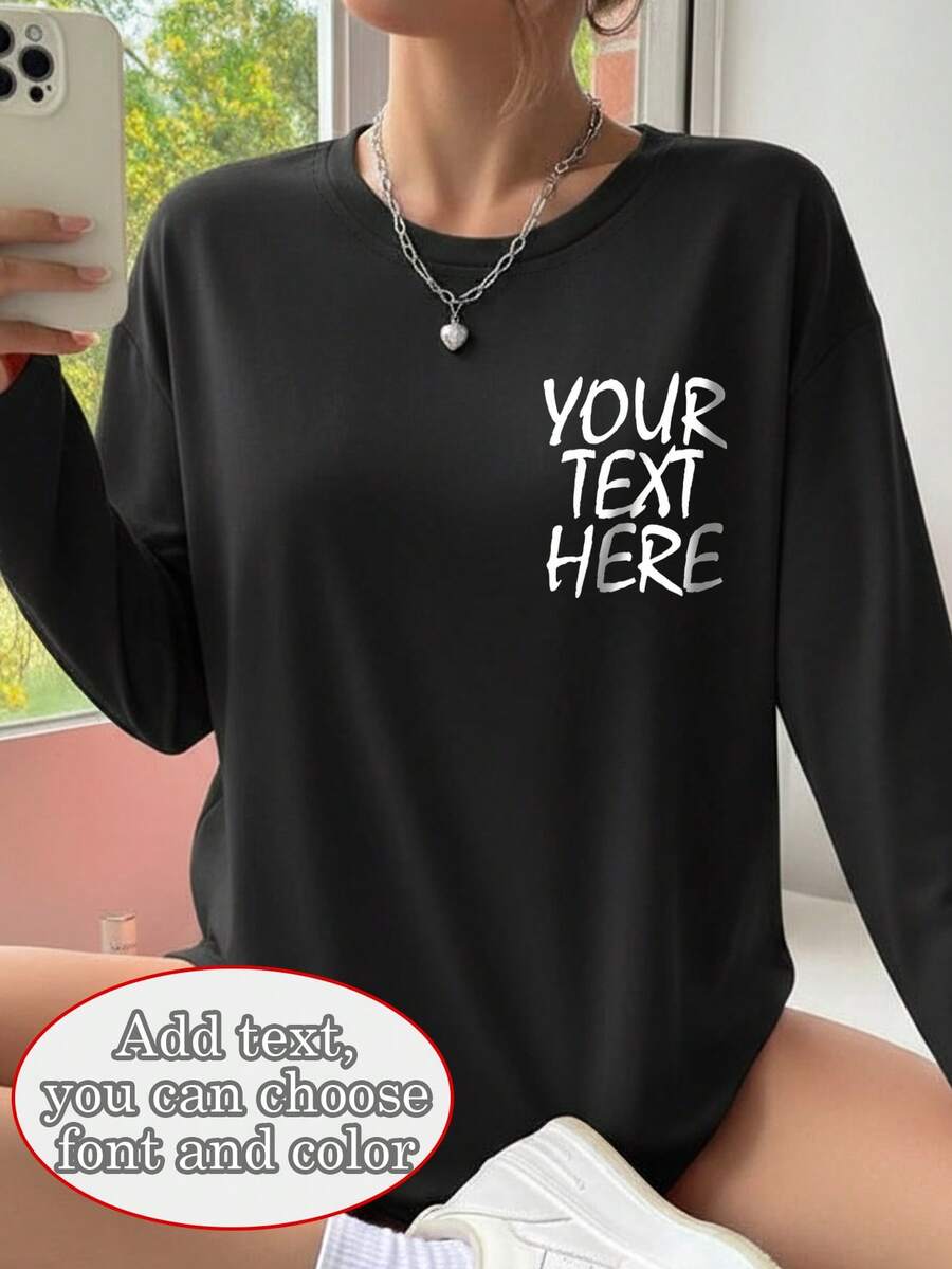 Kaos Lengan Panjang Wanita yang Dapat Disesuaikan - Dapat Ditambahkan Teks Anda Sendiri, Cocok untuk Pakaian Olahraga Musim Gugur dan Musim Dingin - Hitam - View 1