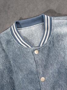 Patchwork Contrast Color Unisex Spring/Autumn Stand Collar Denim Jacket, Street Style Collegiate Casual Fashion Versatile Bomber Jacket With Pockets - Baby Blue - View 5