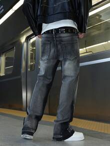 男士拼布微喇叭牛仔裤，紧身破洞喇叭裤，Y2K 叠层水洗刺绣牛仔裤，百搭四季皆宜