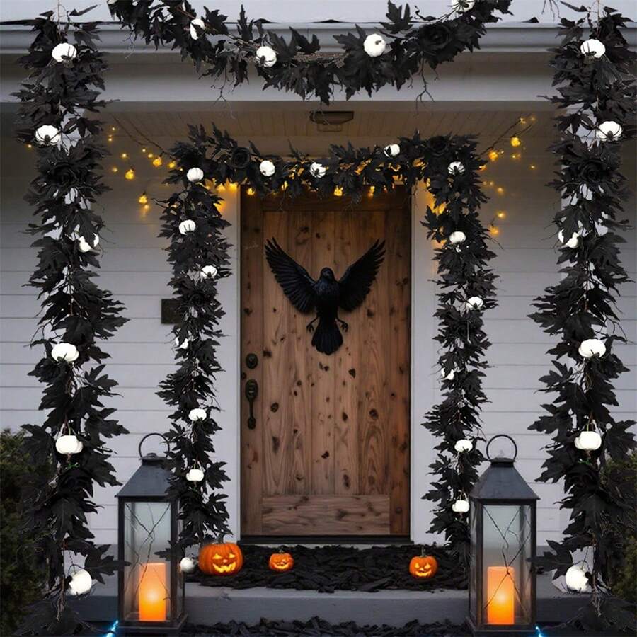 Halloween Garlands Spooky Black Rose Maple Leaf Garlands Photo Booth Props For Mantel Decorations